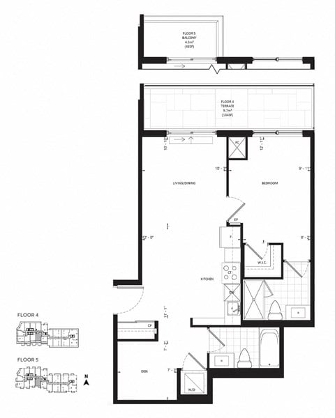 Floor plan for 1 bed, 2 baths, 703 sqft